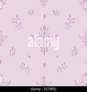 Blüte mit Blättern und Zweigen, Zweigen und Laub. Die Zierflorismuszusammensetzung einer Pflanze mit Stamm und Blüte. Nahtloser Druck von Mustern, Hintergrundbildern oder Hintergrundbildern. Vektor in abgewickelter Form. Florale Tapeten oder nahtlose Textilmuster Stock Vektor