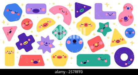 Geometrische Formen. Lustige verschiedene einfache Figuren, quadratische Dreieck- und Kreisformen, niedliche Gesichter, abstrakte Farbe Kinder Charaktere, Zeichentrick Emotionen Design, Vektor flache Stil mit Textur Set. Geometrische Formen. Lustige verschiedene einfache Figuren, quadratische Dreieck- und Kreisformen, niedliche Gesichter, abstrakte Farbe Kinder Charaktere, Zeichentrick Emotionen Design, Vektor mit Textur Set Stock Vektor