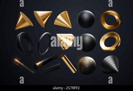 Geometrische 3D-Formen in Schwarz und Gold. Realistische Vektordarstellung. Geometrie-Primitive mit schimmernden Glitzern isoliert auf schwarzem Hintergrund. Dekorationselemente für Design. Geometrische 3D-Formen in Schwarz und Gold. Realistische Vektordarstellung. Stock Vektor