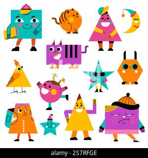 Figuren und Persönlichkeiten in geometrischen Formen von Kreis und Quadrat, Dreieck und Sechseck, Trapez und Stern. Niedliche Charaktere mit Gesichtsausdrücken, Emoticons oder Emojis. Vektor in abgewickelten Formaten. Geometrische Figuren und Formen Zeichenvektor Stock Vektor