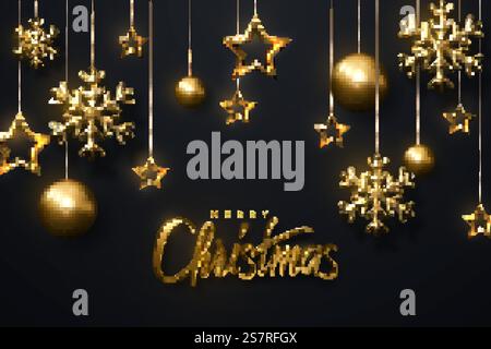 Frohe Weihnachten. Glitzernde goldene Schneeflocken, Weihnachtskugeln und Sterne auf schwarzem Hintergrund. Vektor-3D-Illustration des hängenden Weihnachtsschmucks. Deckblatt- oder Bannervorlage. Winterurlaub Dekoration... Frohe Weihnachten. Glitzernde goldene Schneeflocken, weihnachtskugeln und Sterne auf schwarzem Hintergrund. Stock Vektor