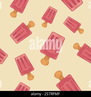 Leckeres Dessert für die heiße Jahreszeit, Eiscreme mit Saftgeschmack. Sommergerichte und Desserts, Einkaufsmöglichkeiten oder Verkaufsstellen. Nahtloses Muster, Hintergrund oder Druck. Vektor in abgewickelter Form. Eis, gefrorener Saft auf dem nahtlosen Stick-Druck Stock Vektor