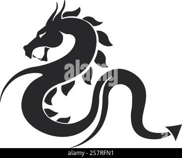Drachen-Silhouette, isoliertes Reptil- oder Folkloretier mit Schwanz und Horn am Körper. Chinesische Mythologie Charakter oder Symbol für Macht und Glück. Einfarbige Skizzenkontur. Vektor in abgewickelter Darstellung. Bestie Drachen Silhouette, volkstümliches Tier Stock Vektor