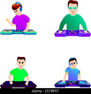 DJ-Symbole setzen Cartoon-Vektor. Mann dj spielt Musik auf Konzert. Clubmusik. DJ-Symbole setzen Cartoon-Vektor. Mann dj spielt Musik auf Konzert Stock Vektor