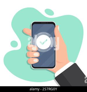 Handgehaltenes Smartphone mit zugelassener Bedienung in flachem Design Stock Vektor