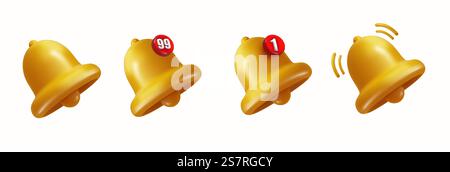 Glocke mit 3D-Symbolen für Klingeln mit Hinweisschild mit Abbildung. Vektor-realistisches Klingelsymbol. Glocke mit 3D-Symbolen für Klingeln mit Hinweisschild mit Abbildung. Vektor-realistisches Klingelsymbol. Stock Vektor