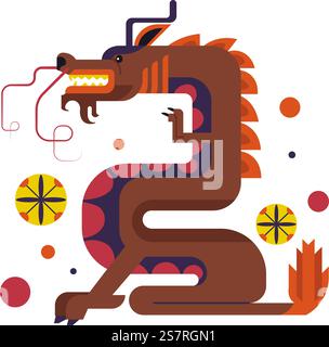 Drachenfigur, isolierte chinesische Folklore oder Mythologie-Kreatur. Fantasy-Charakter Reptil mit Hörnern und unheimlichem Gesichtsausdruck, Beine mit Klauen und Schwanz mit Flamme. Vektor in abgewickelter Form. Chinesischer Drache, Fantasy-Charaktere mit Hörnern Stock Vektor