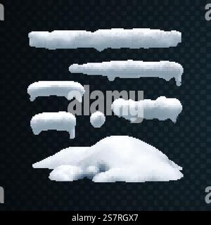 Vektorsatz von Schneekappen, Eiszapfen, Schneeball und Schneedrift isoliert auf transparentem Hintergrund. Winterdekoration. Saisonale Elemente für Design. Vektorsatz von Schneekappen, Schneebälle und Schneedrift Stock Vektor