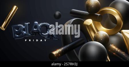 Black Friday Sale Bannerdesign. Vektor-Illustration mit schwarzem Gummiballon-Zeichen und geometrischen fließenden 3D goldenen und schwarzen Formen mit Glitzern. Vorlage für Werbeplakate. Rabattbanner. Black Friday Sale Bannerdesign. Vektorillustration mit schwarzem Gummiballon-Zeichen und geometrischen 3D-Formen Stock Vektor
