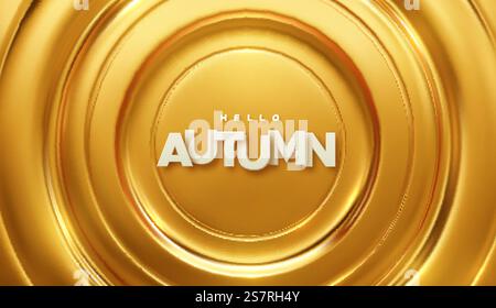Hallo Herbst. Papieretikett auf goldenem radialem Hintergrund. Vektor-3D-Illustration. Saisonales Bannerdesign... Hallo Herbst. Papieretikett auf goldenem radialem Hintergrund. Stock Vektor