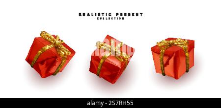 Set aus roten Geschenkboxen, quadratische Formen. Realistisches 3D-Design von Überraschungsboxen und Geschenkgeschenken. Vektorabbildung Stock Vektor