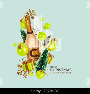 Frohe Weihnachten und frohes neues Jahr. Weihnachten festlicher Hintergrund mit realistischen 3D-Objekten Champagnerflasche, Geschenkboxen, Kugeln, grünem weihnachtsbaum. Zusammensetzung der herabfallenden Konstruktion. Stock Vektor