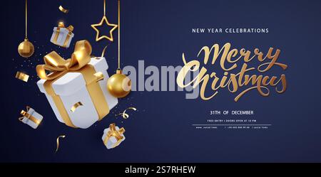 Frohe Weihnachten Hintergrund mit einem größeren realistischen Geschenk und Neujahrsbällen, Schriftzug. Realistischer 3D-Trendhintergrund für Weihnachten. Frohe Weihnachten Hintergrund mit einem größeren realistischen Geschenk und Neujahrsbällen, Schriftzug. Realistischer 3D-Trendhintergrund für Weihnachten Stock Vektor