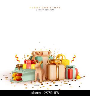 Frohe Weihnachten und Happy New Year Hintergrund. Realistisches 3D-Design des Weihnachtsstapels mit farbenfrohen Geschenkboxen, Geschenkbox, Tasche Geschenke Überraschung. Weihnachtsbanner, Poster, Grußkarte. Vektorabbildung Stock Vektor
