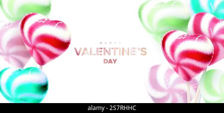 Alles Gute Zum Valentinstag. Farbenfrohe Lutscher in Herzform. Vektor-3D-Illustration realistischer Süßigkeiten. Zuckerbonbons. Love-Konzept. Valentinstag-Banner-Design. Herzförmige Lollipops Stock Vektor