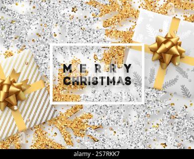 Weihnachten Hintergrund mit Geschenken und leuchtenden goldenen und silbernen Schneeflocken. Grußkarte frohe Weihnachten. Vector Illustration. Stock Vektor