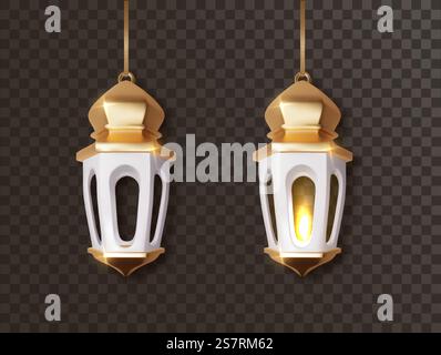 Goldene arabische Leuchtlaternen. Arabische Leuchten. Isolierte hängende realistische Lampen. Effekte von transparentem Vektorhintergrund. Goldene arabische Leuchtlaternen. Arabische Leuchten. Isolierte hängende realistische Lampen. Effekte von transparentem Vektorhintergrund. Stock Vektor