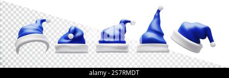 Blaue santa claus Hüte. Ein Satz festlicher Kopfschmuck in verschiedenen Winkeln auf transparentem Hintergrund. Realistischer 3D-Vektor. Blaue santa claus Hüte. Ein Satz festlicher Kopfschmuck in verschiedenen Winkeln auf transparentem Hintergrund. Realistischer 3D-Vektor. Stock Vektor