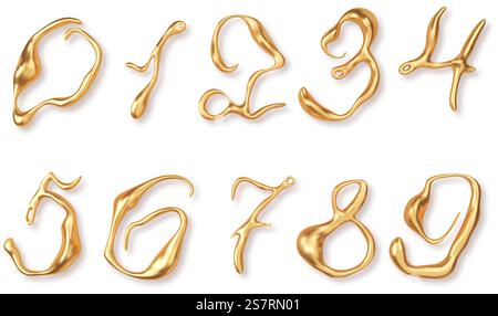 d flüssige geschmolzene Gold-Metallic-Typografie-Nummer. Realistische goldene Zahlenstreifen auf Metallziffern. d flüssige geschmolzene Gold-Metallic-Typografie-Nummer. Realistische goldene Zahlenstreifen auf Metallziffern Stock Vektor
