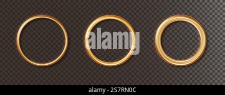 Goldener Luxus realistischer Rahmen. Satz teurer realistischer runder Rahmen in Goldfarbe unterschiedlicher Dicke, isoliert auf dunklem Hintergrund. Goldener Luxus realistischer Rahmen. Satz teurer realistischer runder Rahmen in Goldfarbe unterschiedlicher Dicke, isoliert auf dunklem Hintergrund. Stock Vektor