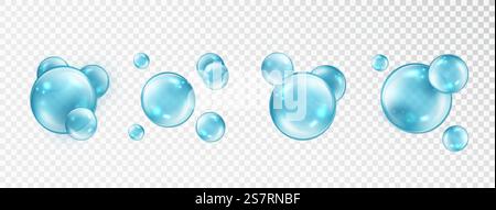 Blue Bubble Collection. Transparente Seife oder Wasserblasen. Realistische Vektorblau reine Tropfen, Wasserblasen oder Glaskugeln Vorlage. Blue Bubble Collection. Transparente Seife oder Wasserblasen. Realistische Vektorblau reine Tropfen, Wasserblasen oder Glaskugeln Vorlage Stock Vektor