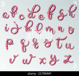 Weihnachtsschmuck mit Zuckerrohr. Schriftart mit Karamellbuchstaben. Süßes 3D-Alphabet isoliert. Vektorabbildung 10 EPS.. Weihnachtsschmuck mit Zuckerrohr. Schriftart mit Karamellbuchstaben. Süßes 3D-Alphabet isoliert. Vektorabbildung 10 EPS Stock Vektor