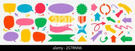 Sprechblasen, Banner und Pfeile im rauen rustikalen Stil. Handgezeichnete, strukturierte Vintage-Abzeichen, Banner, Flaggen und andere Designelemente, die perfekt für Stock Vektor