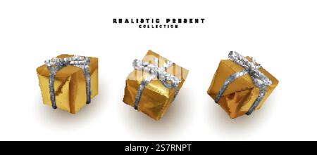Goldene Geschenkbox realistisch. Set mit dekorativen 3D-Geschenken. Vektorabbildung Stock Vektor