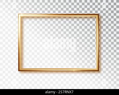 Goldener leuchtender Rahmen mit Schatten auf transparentem Hintergrund. Goldener Luxus, realistischer rechteckiger Rand mit Platz für Beschriftungen. Goldener leuchtender Rahmen mit Schatten auf transparentem Hintergrund. Goldener Luxus, realistischer rechteckiger Rand mit Platz für Beschriftungen. Stock Vektor