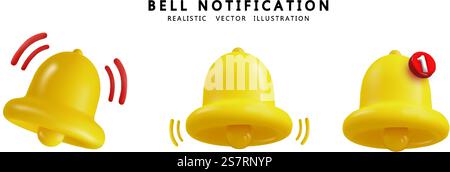 Bell 3D-Symbole für das Klingeln mit Hinweisetikett mit Abbildung. Vektor-realistisches Klingelsymbol.. Bell 3D-Symbole für das Klingeln mit Hinweisetikett mit Abbildung. Vektor-realistisches Klingelsymbol Stock Vektor