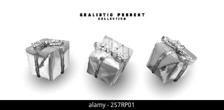 Set aus silbernen Geschenkboxen, quadratische Formen. Realistisches 3D-Design mit weißen Überraschungsboxen und Geschenkgeschenken. Vektorabbildung Stock Vektor