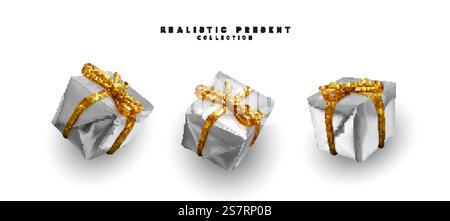 Set aus silbernen Geschenkboxen, quadratische Formen. Realistisches 3D-Design mit weißen Überraschungsboxen und Geschenkgeschenken. Vektorabbildung Stock Vektor