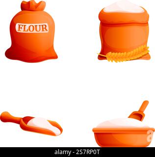 Mehl Beutel Icons Set Cartoon Vektor. Weizenmehl in Sack und Schüssel. Produkt, Lebensmittel. Mehl Beutel Icons Set Cartoon Vektor. Weizenmehl in Sack und Schüssel Stock Vektor