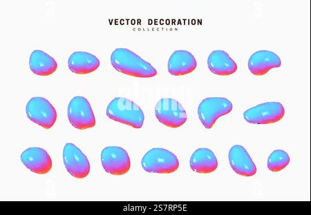 Flüssige 3D-Formen mit Farbverlauf des Hologramms. Festlegen isolierter flüssiger Elemente der holografischen Chamäleon-Designpalette. Abstraktes, farbenfrohes Farbspritzwasser. Vektorabbildung Stock Vektor