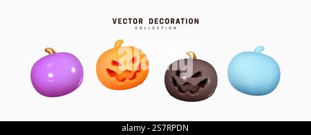 Set aus mehrfarbigen Kürbissen für Halloween. Kürbis mit gruseligen, bösen Gefühlen im Gesicht. Kreative Konzeptidee. Realistische 3D-Konstruktion. Traditionelles Dekor für den Urlaub. Vektorabbildung Stock Vektor