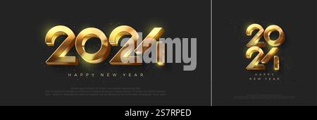 Frohes neues Jahr Vektor realistisches 3D-Design. Die Nummer 2024 ist glänzendes Luxusgold. Hochwertiges modernes und elegantes Design, um das neue Jahr 2024 zu begrüßen. Stock Vektor