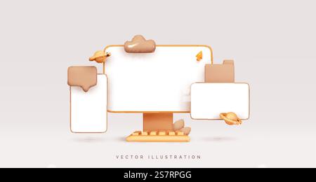 Bildschirmgerät-Modell. Desktop-Computer, leerer Bildschirm. Mobiltelefon und Tablet. Kreatives Geschäftskonzept. Realistische 3D-Konstruktionssymbole Meldung, Dialog, Dateien. Vektorabbildung Stock Vektor