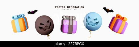 Set mit dekorativen Elementen für Halloween. Emotionales Lächeln ballert sich mit gruseligen, bösen Gesichtern. Geschenkbox mit realistischem 3D-Design. Traditionelles Dekor für den Urlaub. Vektorabbildung Stock Vektor