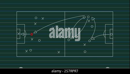 Fußball-Strategiebild, das die Positionen und Bewegungen der Spieler auf dem Felddiagramm zeigt Stockfoto