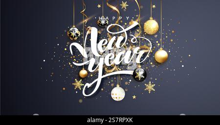 Frohes neues Jahr. Weihnachtsillustration mit edlen Dekorationen, Kugeln und Konfetti. Dekorative Holyday-Elemente auf dunklem Hintergrund. Frohes neues Jahr. Weihnachtsillustration mit edlen Dekorationen, Kugeln und Konfetti. Dekorative Holyday-Elemente auf dunklem Hintergrund. Stock Vektor