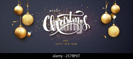 Frohe Weihnachten Banner Vorlage mit hängenden Weihnachtsspielzeugen auf dunklem Hintergrund. Weihnachtsgrußkarte Konzept. Frohe Weihnachten Banner Vorlage mit hängenden Weihnachtsspielzeugen auf dunklem Hintergrund. Weihnachtsgrußkarte Concept.s Stock Vektor