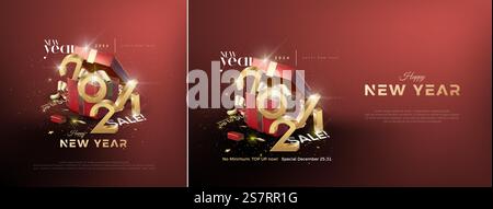 Happy New Year 2024 Vector Design, mit einer Illustration offener Geschenkboxen mit goldenen Zahlen und Glitzer. Hochwertiges Vektordesign für Feiern, Grüße und Einladungen. Stock Vektor