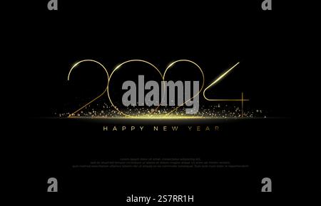 Luxuriöses Happy New Year 2024-Design mit dünnen Zahlen in luxuriösem Gold, glitzernden und leichten Glitzern. Hochwertiges Design für ein frohes neues Jahr 2024-Jubiläum. Stock Vektor