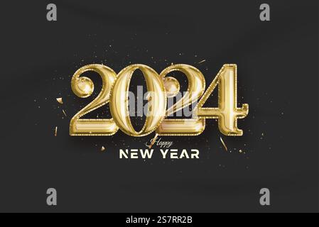 Neujahrsnummer 2024. Mit luxuriösen und eleganten goldenen 3D-Nummern. Premium-Vektor-Design für 2024 Feierlichkeiten, Banner, Kalenderposter, Social-Media-Post. Stock Vektor