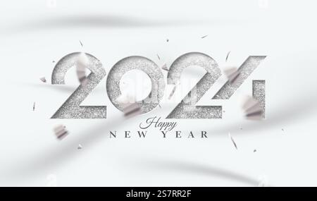 Happy New Year 2024 mit silbernen Glitzer-Metallic-Drucknummern. Hochwertiges Vektordesign für Begrüßung, Einladung, Bannerposter und andere. Stock Vektor