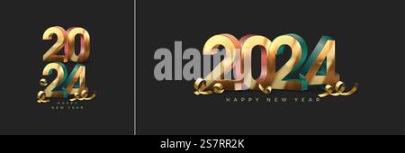 Glückliches neues Jahr Zahlenvektor 3D Luxus. In glänzender Goldfarbe und mit realistischem Goldband. Premium-Vektor-Hintergrund für Neujahrsfeier 2024. Stock Vektor