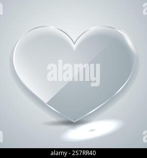 Flaches Glasherz mit Schatten und Blendung isoliert auf grauem Hintergrund. Transparentes Elementdesign. Platte in Form des Herzens. Symbol der Liebe. Stock Vektor