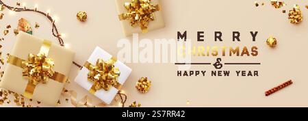Weihnachtsbanner. Weihnachtsdesign mit funkelnden Lichtern im Hintergrund, mit realistischer Geschenkbox, glitzerndem Goldkonfetti. Horizontales Neujahrsposter, Grußkarte, Kopfzeile, Website. Flache Draufsicht konstruieren Stock Vektor