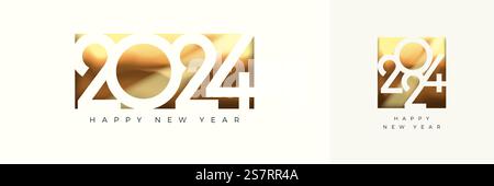 Happy New Year 2024 Zahlen quadratisches und rechteckiges Design. In luxuriöser Goldfarbe. Auf weißem Hintergrund. Um das neue Jahr 2024 zu feiern. Stock Vektor