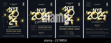Modernes „Happy New Year 2024“-Poster-Set. Mit luxuriösen und glänzenden Goldnummern. Hochwertiges Design für das Neujahrsfest 2024. Stock Vektor